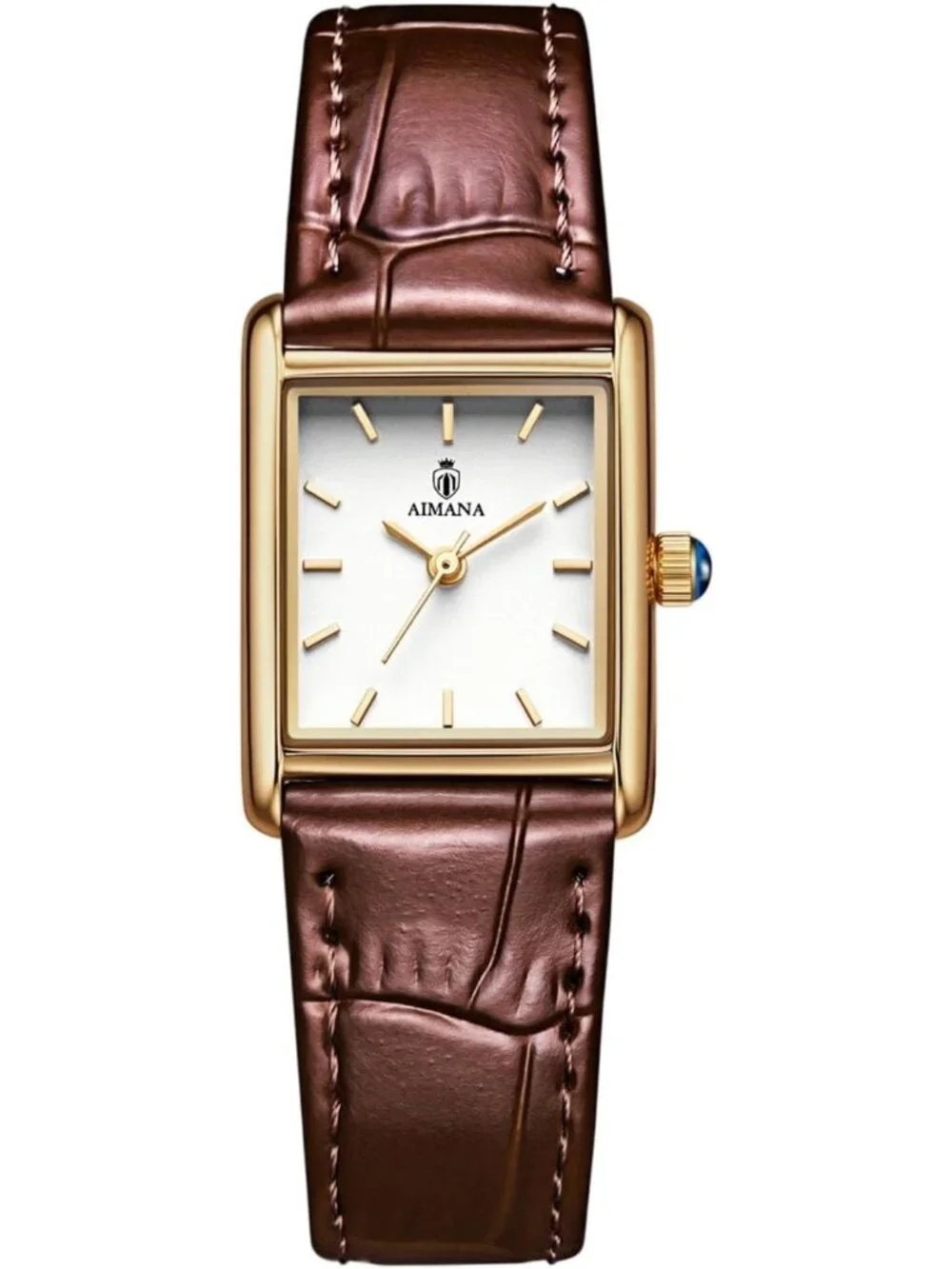 Women's Gold Case Brown Rectangle Vintage Leather Strap  Quartz Movement Watch